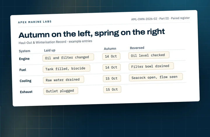 Page of the Haul-Out & Winterisation Record: systems laid up in autumn and reversed in spring, example entries