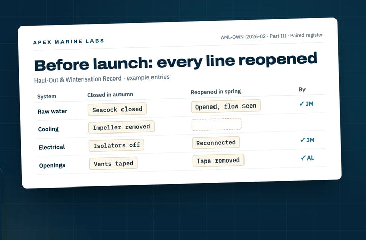 Page of the Haul-Out & Winterisation Record before launch: each system closed in autumn reopened in spring, with one line still open where the impeller is not refitted
