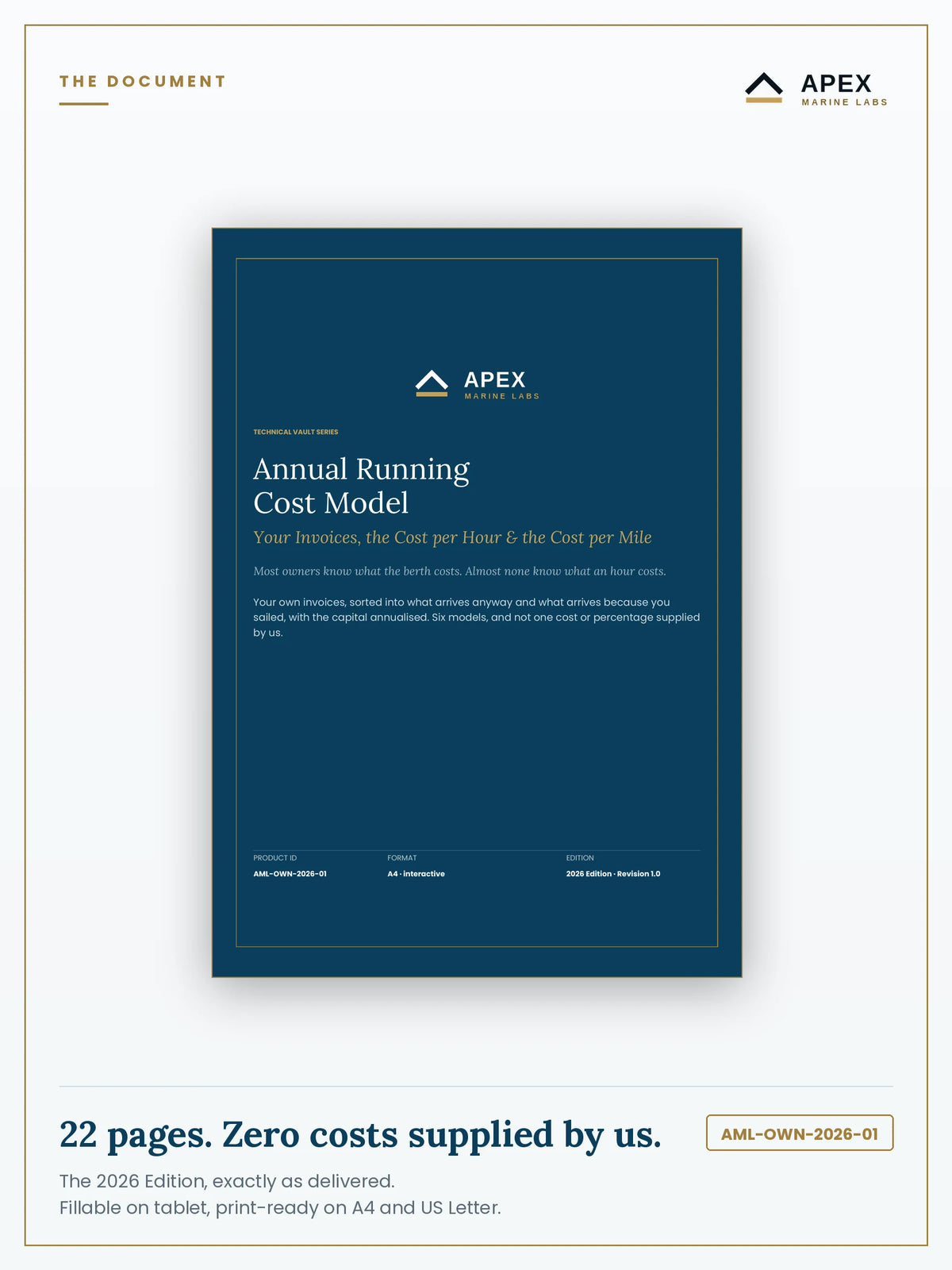 Annual Running Cost Model PDF cover — Apex Marine Labs 2026 Edition, 22 pages, A4 and US Letter included