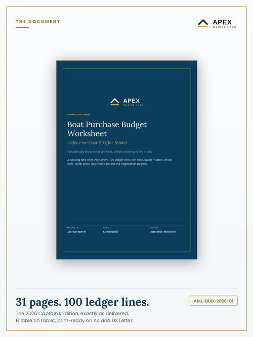 Boat Purchase Budget Worksheet PDF cover — Apex Marine Labs 2026 Edition, 31 pages, A4 and US Letter included