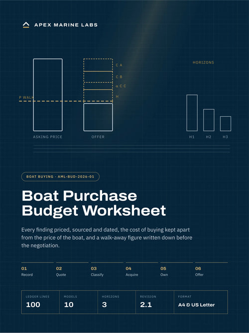 Boat Purchase Budget Worksheet PDF by Apex Marine Labs: cover with the offer built down from the asking price and a walk-away line, Revision 2.1