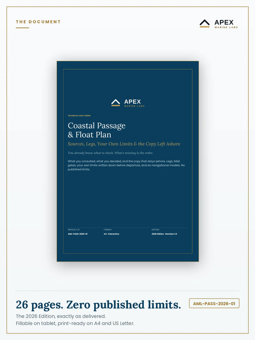 Coastal Passage & Float Plan PDF cover — Apex Marine Labs 2026 Edition, 26 pages, A4 and US Letter included
