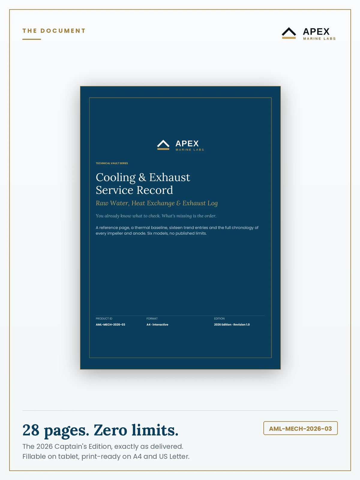 Cooling & Exhaust Service Record PDF cover — Apex Marine Labs 2026 Edition, 28 pages, A4 and US Letter