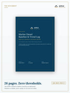 Marine Diesel Baseline & Trend Log PDF cover — Apex Marine Labs 2026 Edition, 26 pages, A4 and US Letter