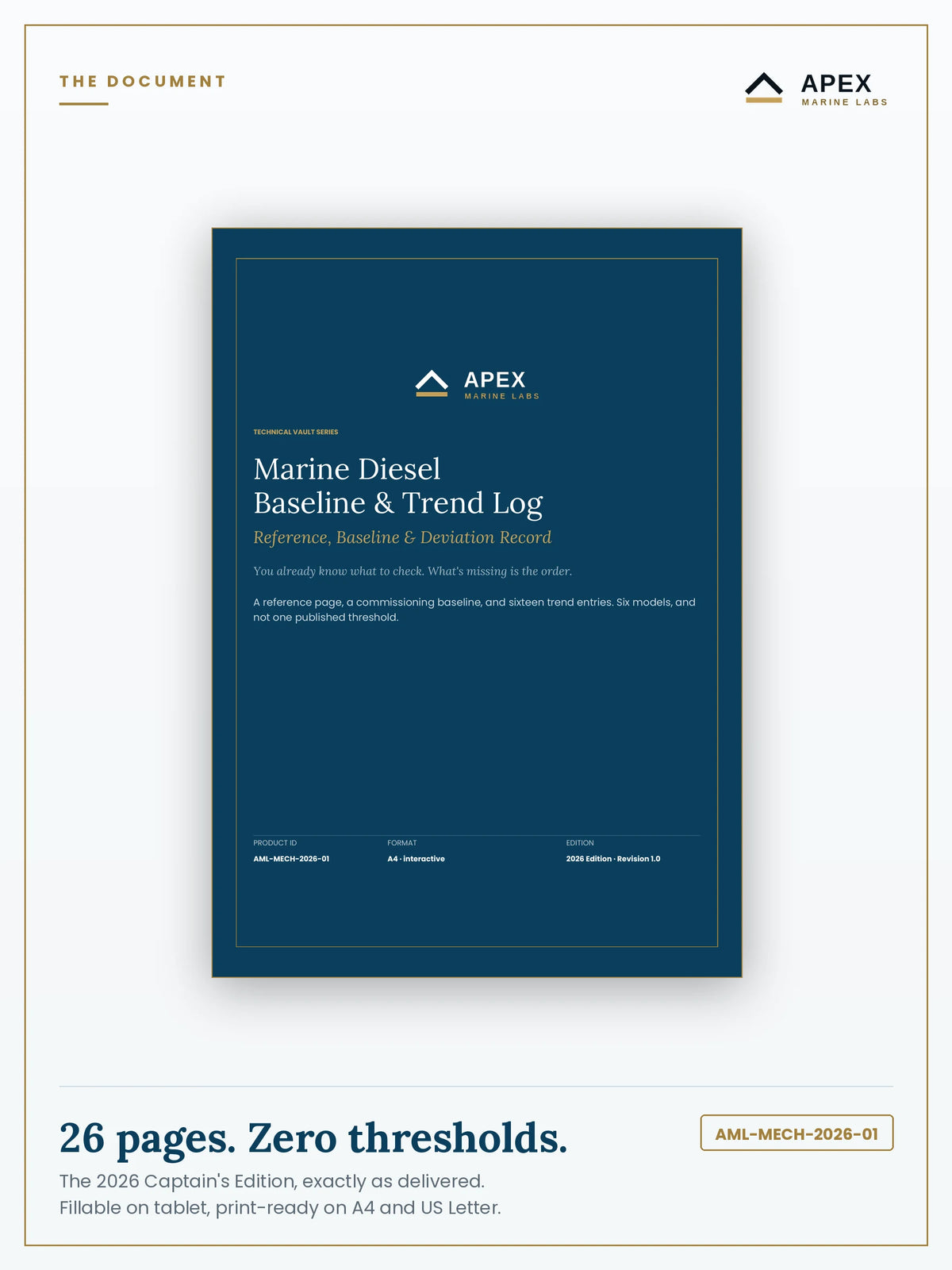 Marine Diesel Baseline & Trend Log PDF cover — Apex Marine Labs 2026 Edition, 26 pages, A4 and US Letter