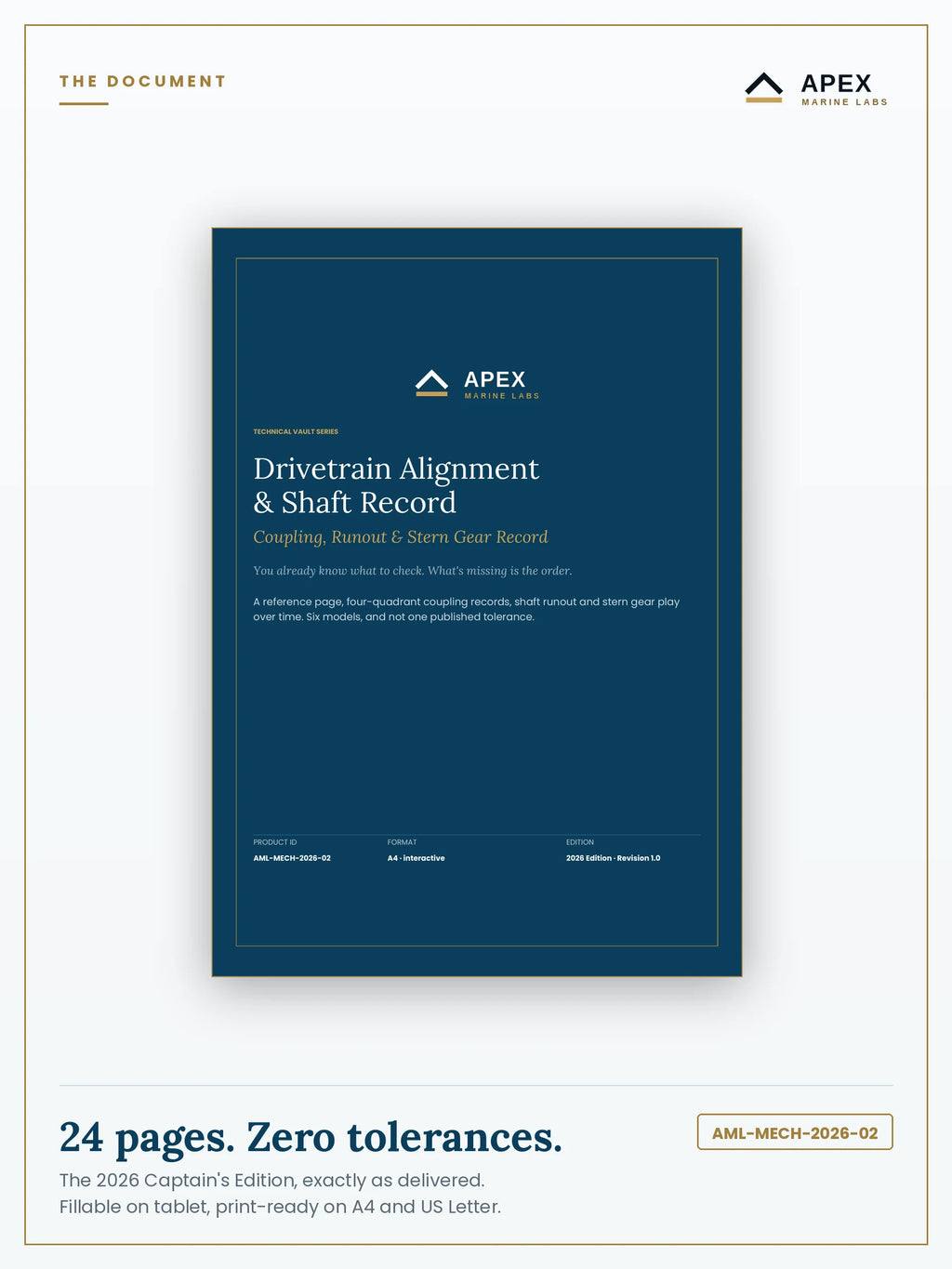 Drivetrain Alignment & Shaft Record PDF cover — Apex Marine Labs 2026 Edition, 24 pages, A4 and US Letter