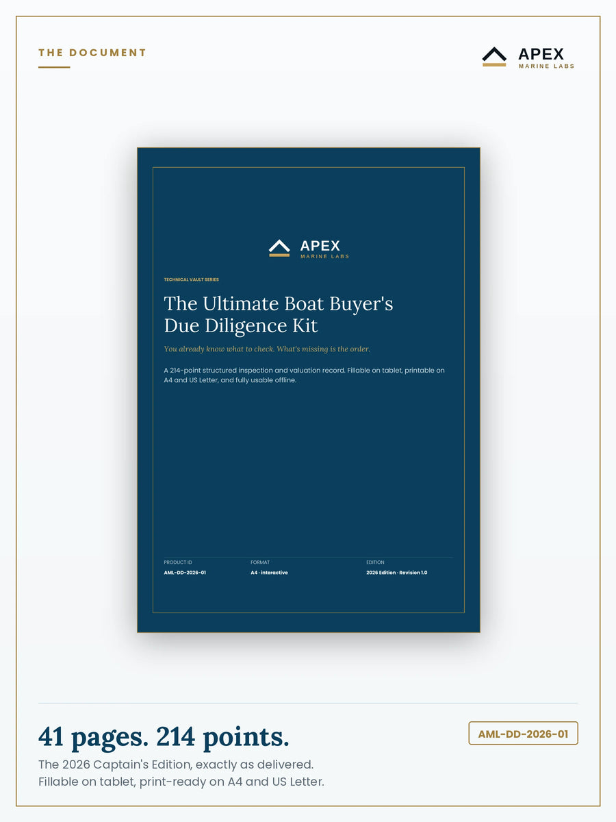 The Ultimate Boat Buyer's Due Diligence Kit PDF cover — Apex Marine Labs 2026 Captain's Edition, 214 inspection points, A4 and US Letter