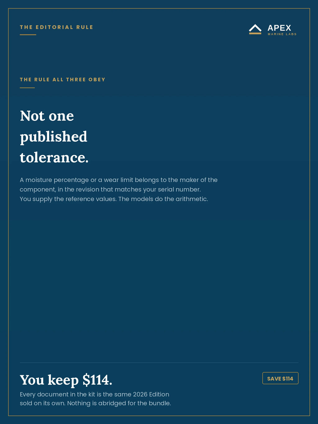 The editorial rule the kit obeys — not one published tolerance; you supply the reference values and the models do the arithmetic