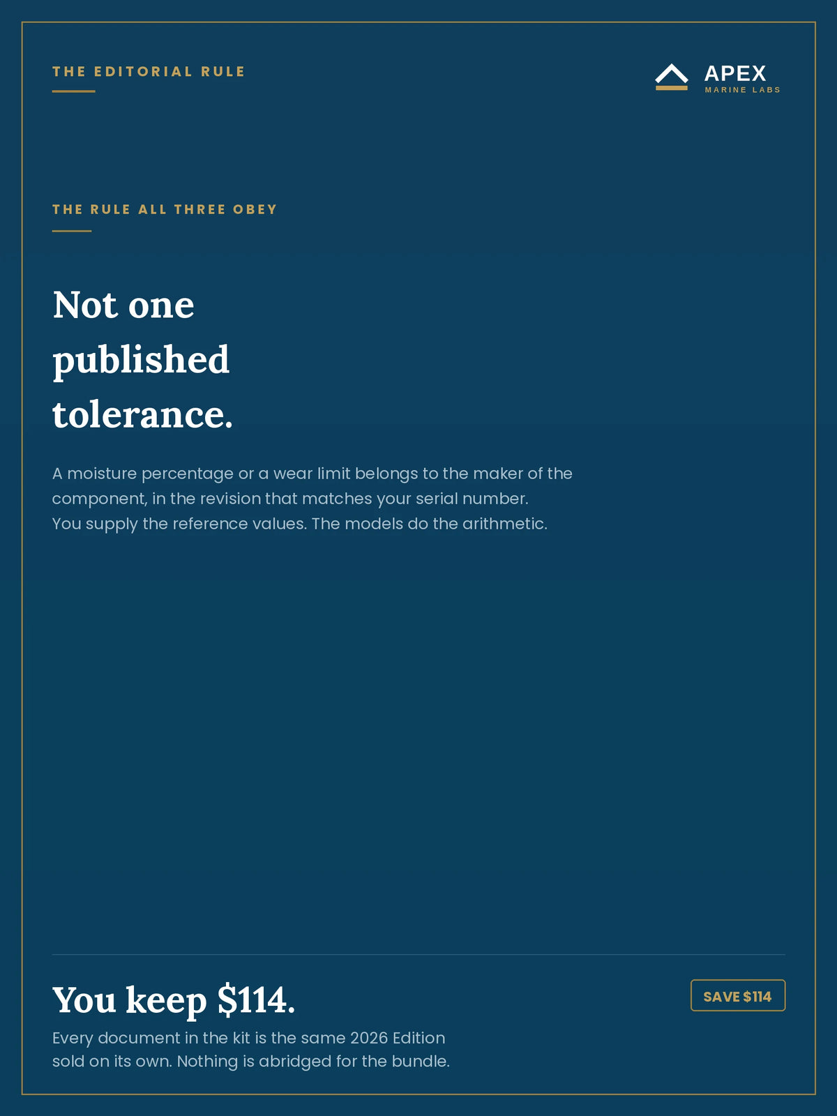 The editorial rule the kit obeys — not one published tolerance; you supply the reference values and the models do the arithmetic