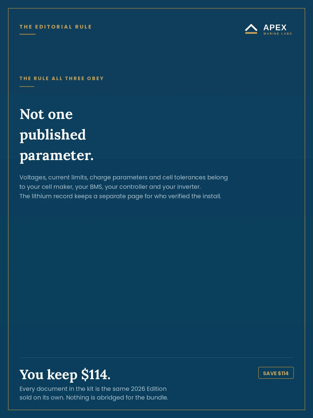 The editorial rule the kit obeys — not one published parameter; voltages and charge parameters belong to your cell maker and your BMS