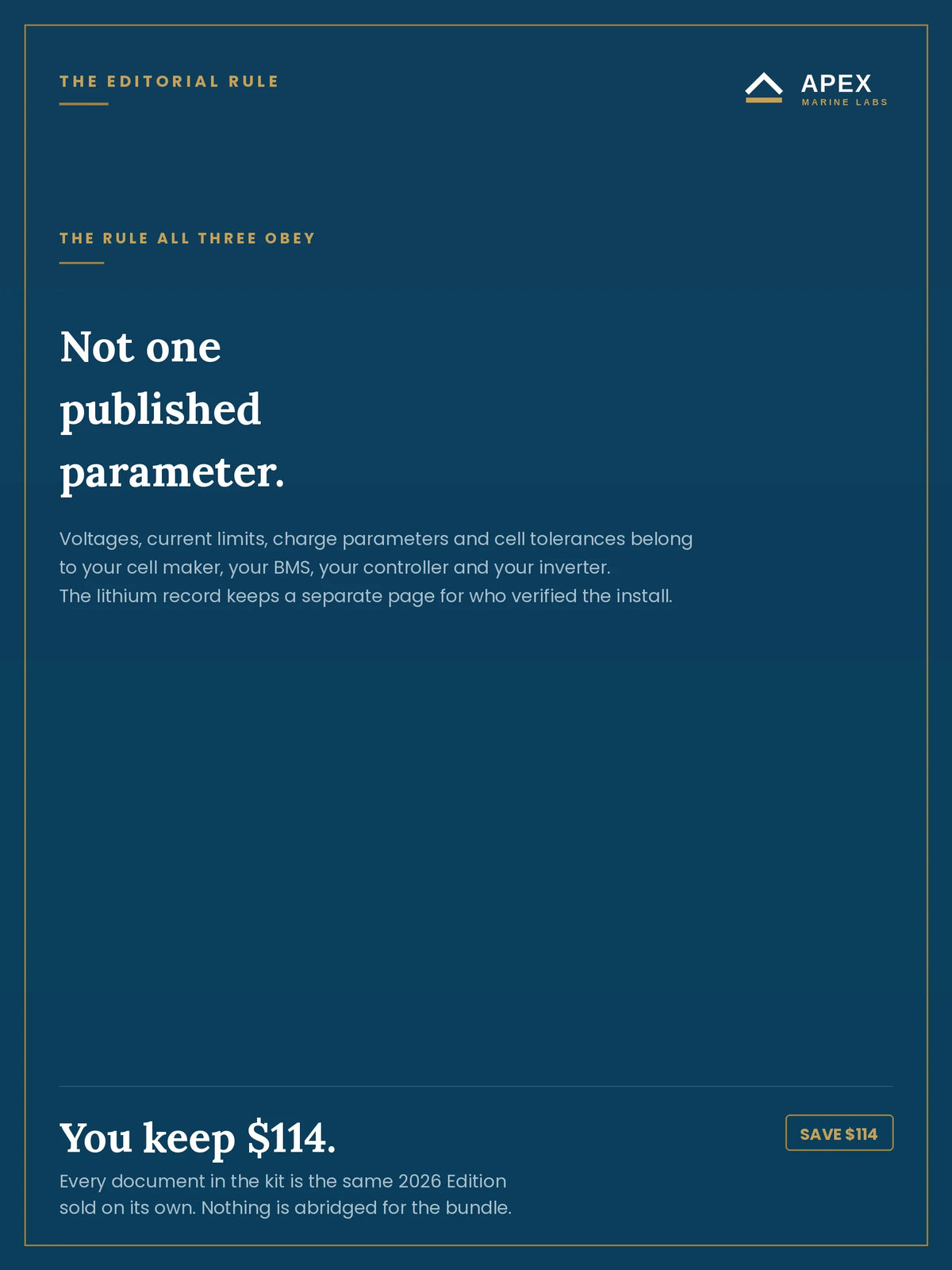 The editorial rule the kit obeys — not one published parameter; voltages and charge parameters belong to your cell maker and your BMS
