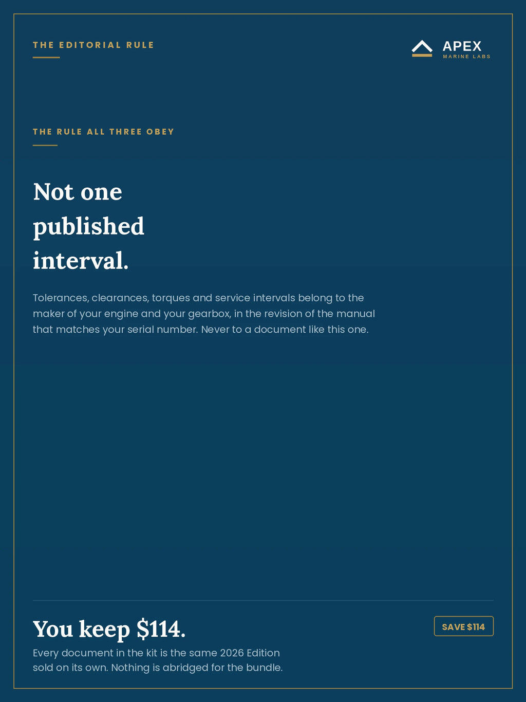 The editorial rule the kit obeys — not one published interval; tolerances and service intervals belong to the maker of your engine
