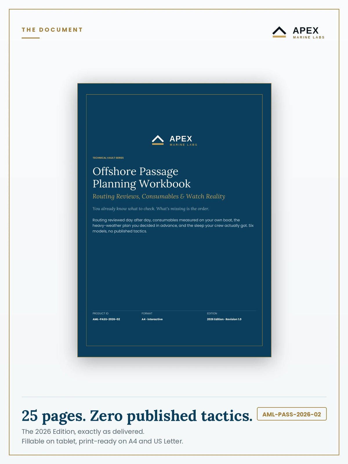 Offshore Passage Planning Workbook PDF cover — Apex Marine Labs 2026 Edition, 25 pages, A4 and US Letter included