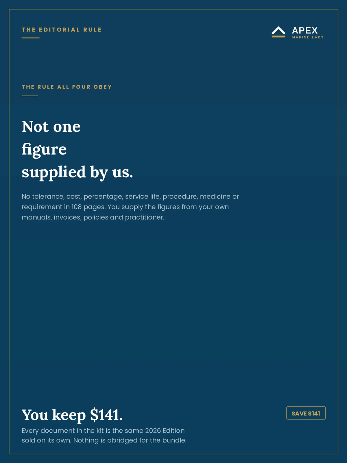 The editorial rule the pack obeys — not one figure supplied by us; you provide them from your own manuals, invoices and policies