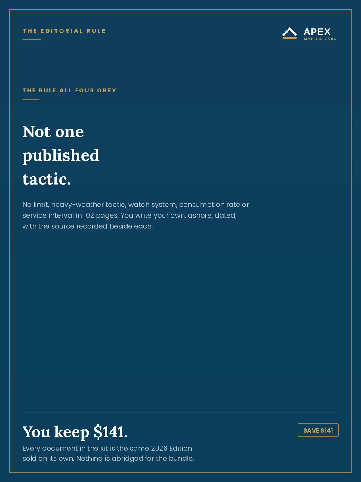 The editorial rule the pack obeys — not one published tactic; you write your own limits ashore, dated, with the source recorded