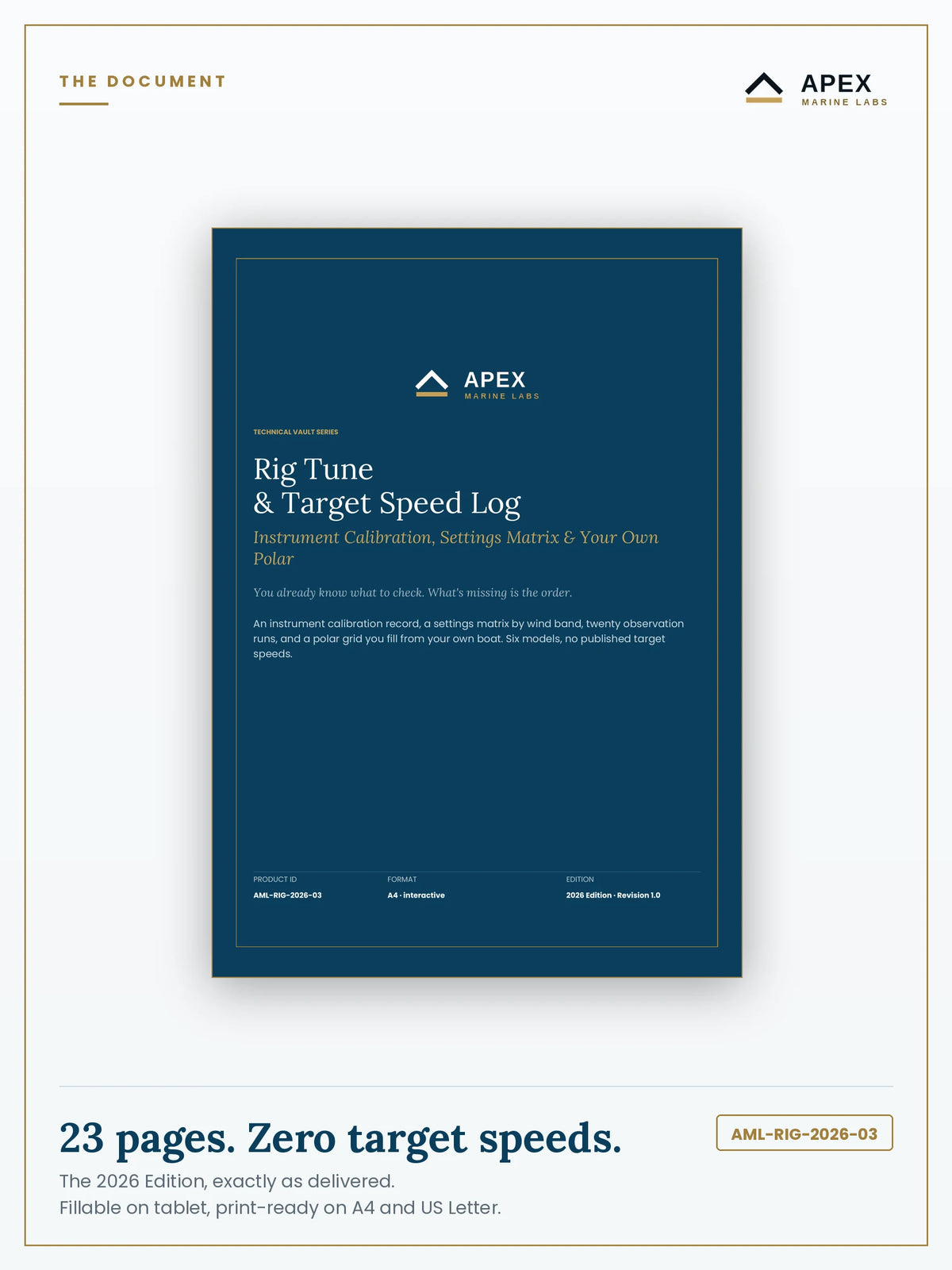 Rig Tune & Target Speed Log PDF cover — Apex Marine Labs 2026 Edition, 23 pages, A4 and US Letter included