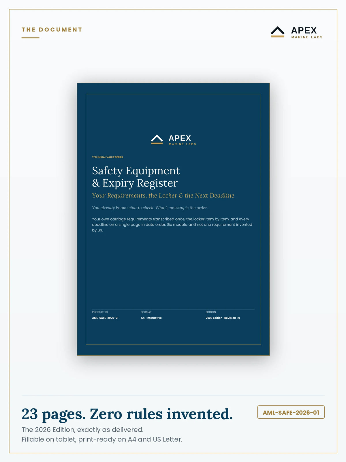 Safety Equipment & Expiry Register PDF cover — Apex Marine Labs 2026 Edition, 23 pages, A4 and US Letter included