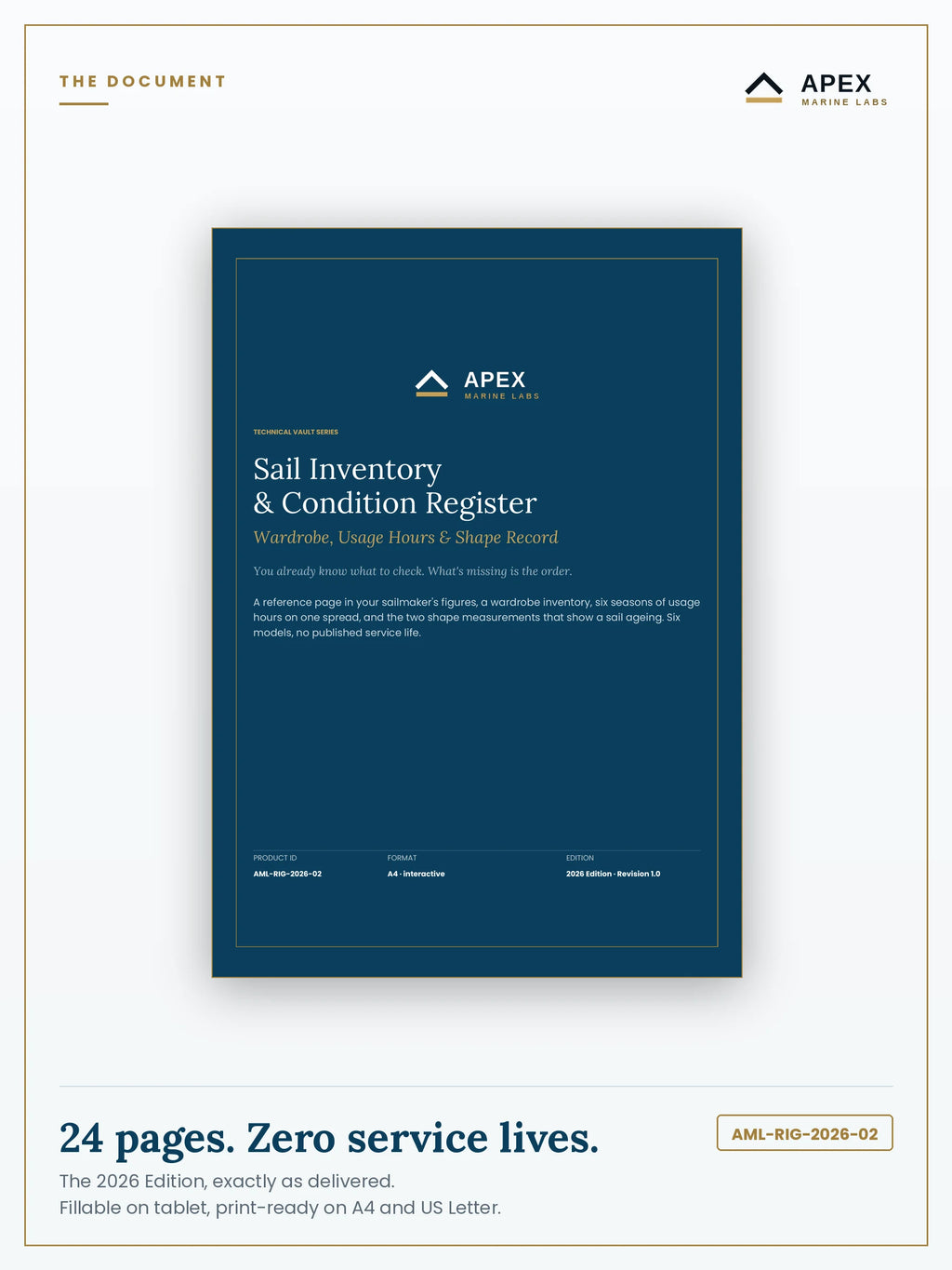 Sail Inventory & Condition Register PDF cover — Apex Marine Labs 2026 Edition, 24 pages, A4 and US Letter included