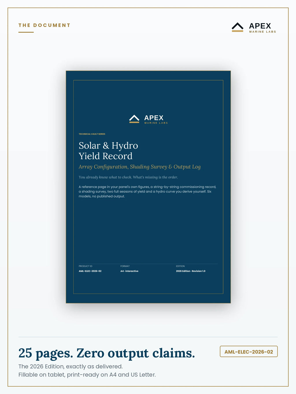 Solar & Hydro Yield Record PDF cover — Apex Marine Labs 2026 Edition, 25 pages, A4 and US Letter included