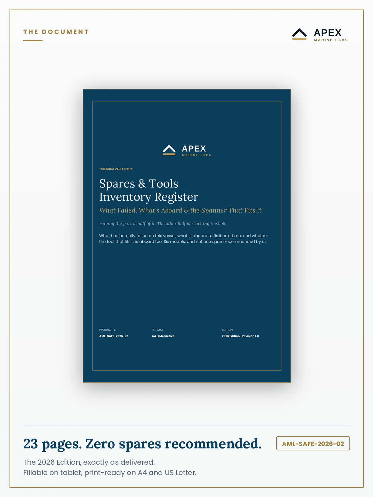 Spares & Tools Inventory Register PDF cover — Apex Marine Labs 2026 Edition, 23 pages, A4 and US Letter included