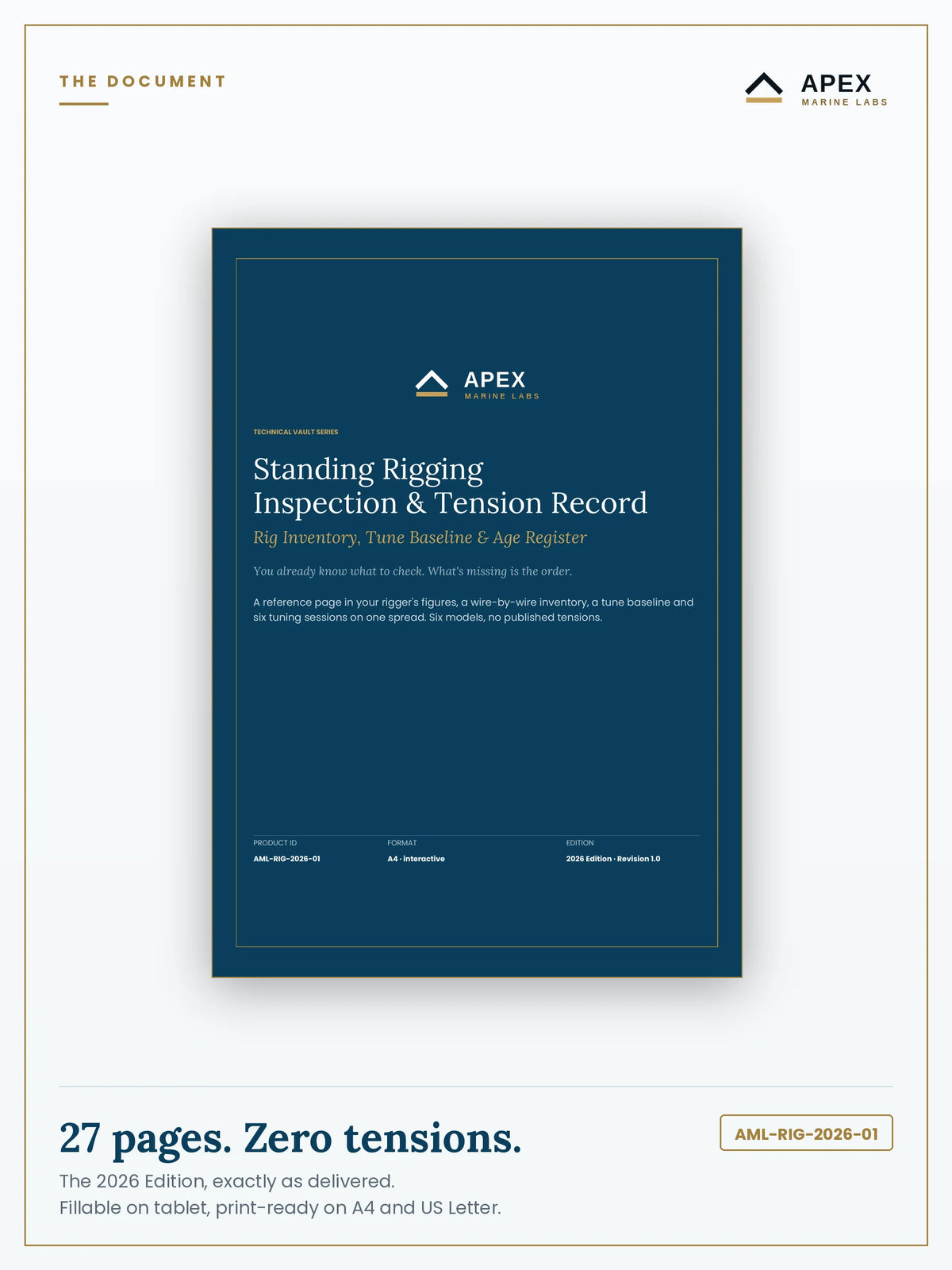 Standing Rigging Inspection & Tension Record PDF cover — Apex Marine Labs 2026 Edition, 27 pages, A4 and US Letter included