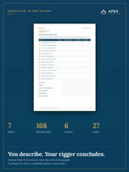 Professional inspection record — fourteen lines for what a qualified rigger examined, by what method, and what they recommended