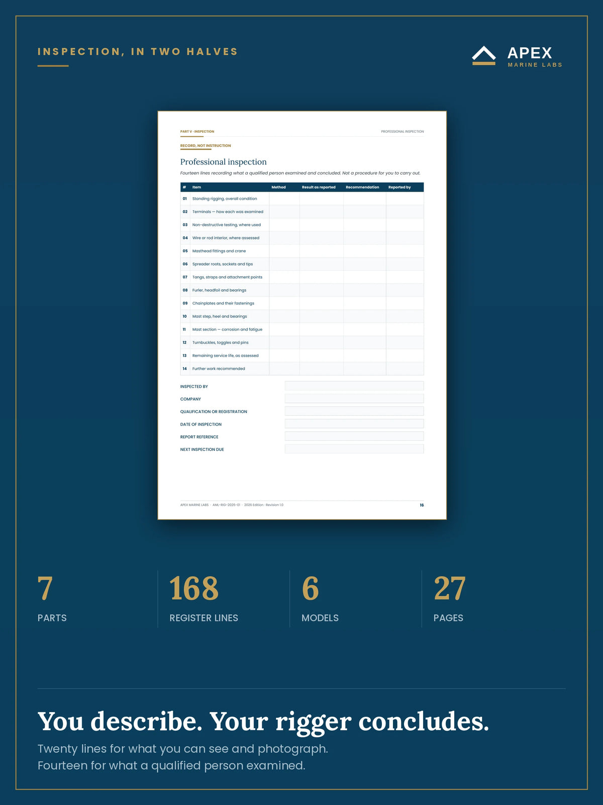 Professional inspection record — fourteen lines for what a qualified rigger examined, by what method, and what they recommended