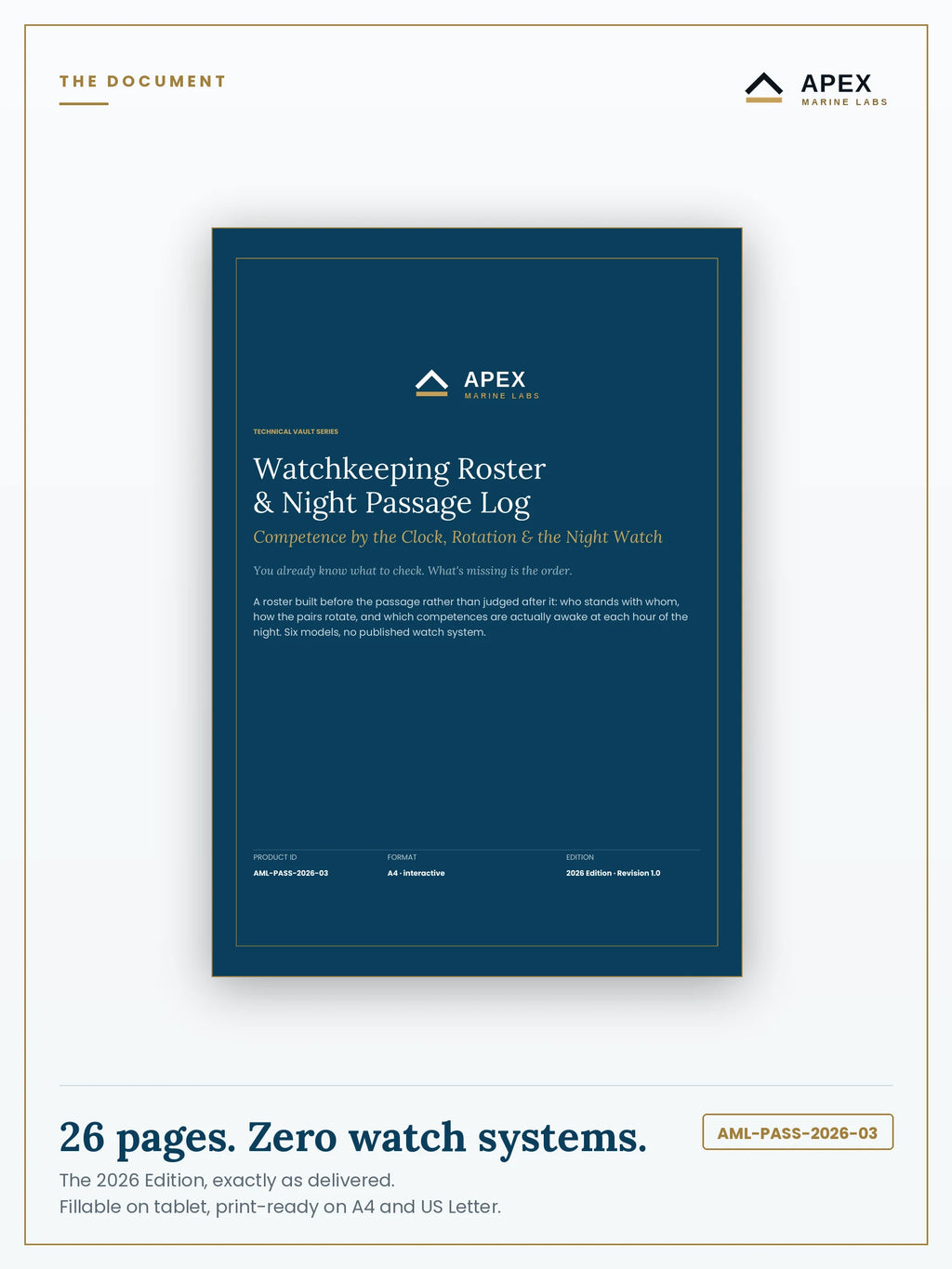 Watchkeeping Roster & Night Passage Log PDF cover — Apex Marine Labs 2026 Edition, 26 pages, A4 and US Letter included